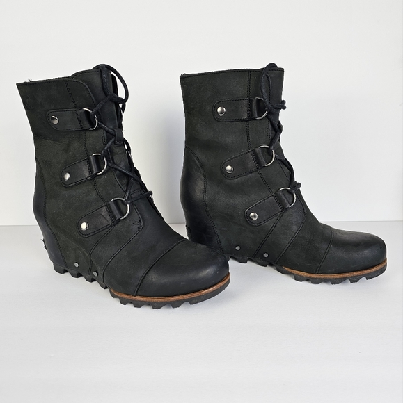 SOREL Joan of Arctic Wedge Lace Up Leather Boots 8.5 Black - Picture 1 of 12